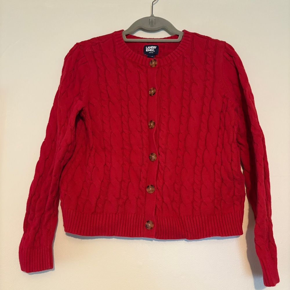Lands' End Women's Red Cable Knit Cardigan 100% Cotton Medium Petite